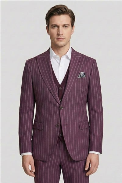 Giotelli Erkek Bordo Dar Kesim Slim Fit Viskon 6 Drop Triko Yelekli Takım Elbise
