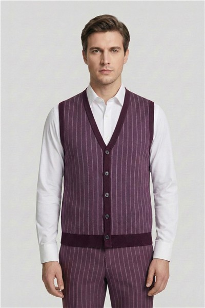 Giotelli Erkek Bordo Dar Kesim Slim Fit Viskon 6 Drop Triko Yelekli Takım Elbise