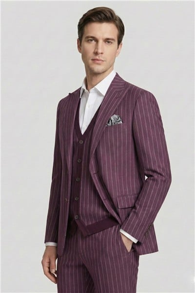 Giotelli Erkek Bordo Dar Kesim Slim Fit Viskon 6 Drop Triko Yelekli Takım Elbise