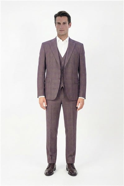 Giotelli Bordo Slim Fit Ekose Desenli Mono Yaka Takım Elbise