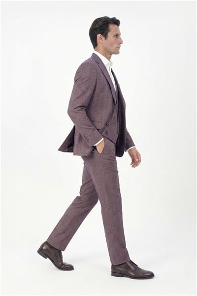 Giotelli Bordo Slim Fit Ekose Desenli Mono Yaka Takım Elbise