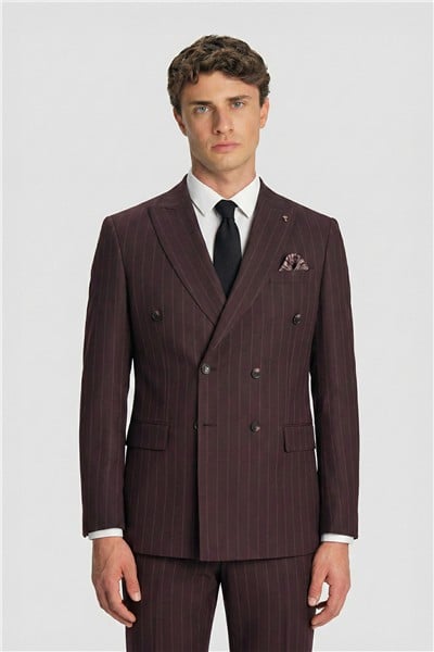 Giotelli Erkek Bordo Dar Kesim Slim Fit Viskon Sivri Yaka Çizgili Kruvaze Fleto Kapaklı Cep Çift Yırtmaçlı Tam Astarlı 6 Drop Takım Elbise