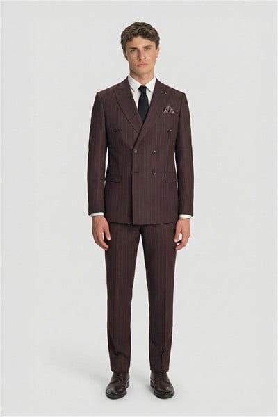 Giotelli Erkek Bordo Dar Kesim Slim Fit Viskon Sivri Yaka Çizgili Kruvaze Fleto Kapaklı Cep Çift Yırtmaçlı Tam Astarlı 6 Drop Takım Elbise