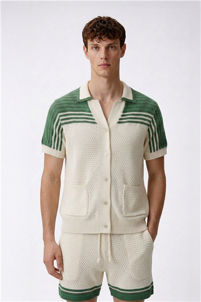 Giotelli Ekru-Yeşil Normal Kesim Regular Fit %100 Pamuk Triko Şortlu Takım