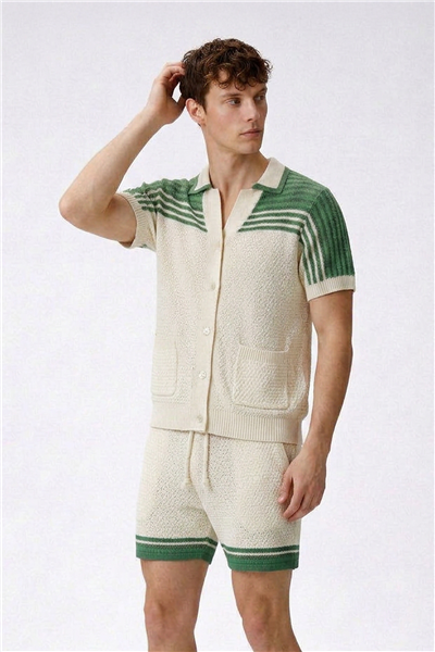 Giotelli Ekru-Yeşil Normal Kesim Regular Fit %100 Pamuk Triko Şortlu Takım