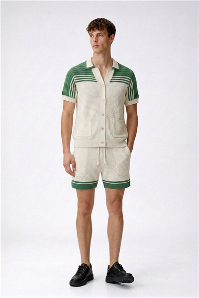 Giotelli Ekru-Yeşil Normal Kesim Regular Fit %100 Pamuk Triko Şortlu Takım
