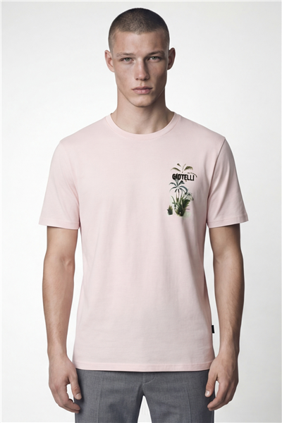 Giotelli Erkek Açık Pembe Normal Kesim Regular Fit %100 Pamuk Baskılı Bisiklet Yaka Erkek Tişört