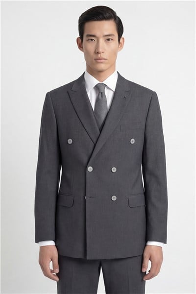 Giotelli Erkek Antrasit Rahat Kesim Comfort Fit Viskon Düz Kruvaze Yaka Fleto Kapaklı Cep Çift Yırtmaçlı Klasik Paça Tam Astarlı 6 Drop Takım Elbise