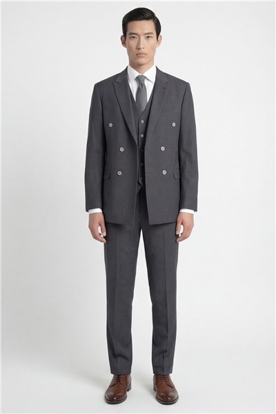 Giotelli Erkek Antrasit Rahat Kesim Comfort Fit Viskon Düz Kruvaze Yaka Fleto Kapaklı Cep Çift Yırtmaçlı Klasik Paça Tam Astarlı 6 Drop Takım Elbise