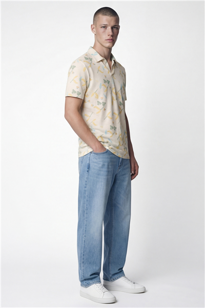 Giotelli Erkek Ekru Dar Kesim Slim Fit Desenli Kısa Kollu Polo Yaka Tişört