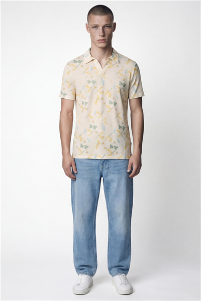 Giotelli Erkek Ekru Dar Kesim Slim Fit Desenli Kısa Kollu Polo Yaka Tişört