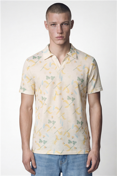 Giotelli Erkek Ekru Dar Kesim Slim Fit Desenli Kısa Kollu Polo Yaka Tişört