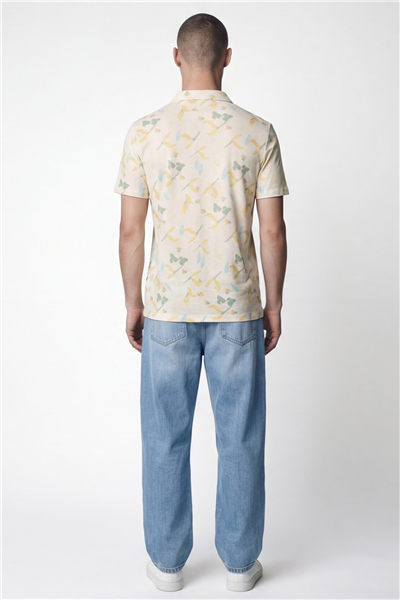 Giotelli Erkek Ekru Dar Kesim Slim Fit Desenli Kısa Kollu Polo Yaka Tişört