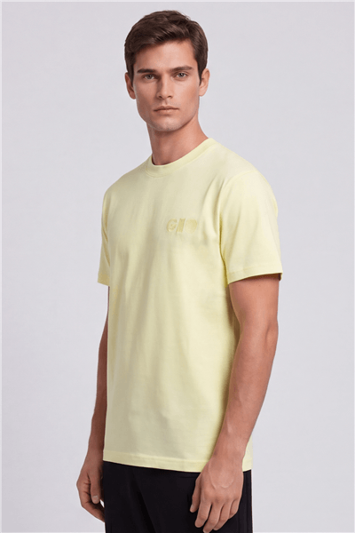 Giotelli Erkek Fosforlu Yeşil Normal Kesim Regular Fit %100 Pamuk İşlemeli Kısa Kollu Bisiklet Yaka Tişört