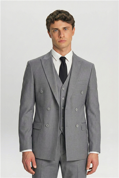 Giotelli Erkek Gri Rahat Kesim Comfort Fit Düz Kruvaze Yaka 6 Drop Dokuma Fleto Kapaklı Cep Klasik Paça Tam Astarlı Çift Yırtmaç Takım Elbise