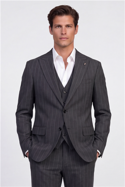 Giotelli Erkek Gri Dar Kesim Slim Fit Viskon Dokuma Mono Yaka 6 Drop Yelekli Takım Elbise