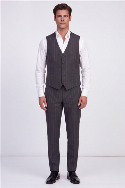 Giotelli Erkek Gri Dar Kesim Slim Fit Viskon Dokuma Mono Yaka 6 Drop Yelekli Takım Elbise