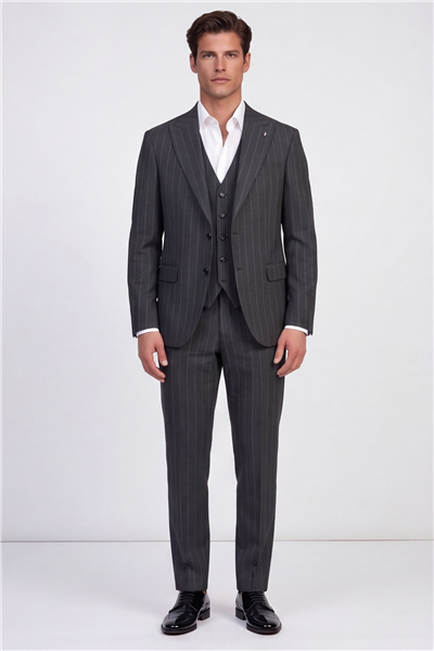 Giotelli Erkek Gri Dar Kesim Slim Fit Viskon Dokuma Mono Yaka 6 Drop Yelekli Takım Elbise