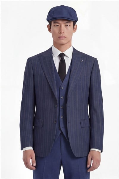 Giotelli Erkek Lacivert Dar Kesim Slim Fit Viskon Çizgili Sivri Yaka Tam Astarlı Şapkalı 4lü 6 Drop Yelekli Takım Elbise