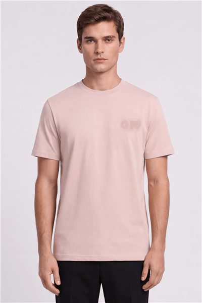 Giotelli Erkek Pembe Normal Kesim Regular Fit %100 Pamuk İşlemeli Kısa Kollu Bisiklet Yaka Tişört