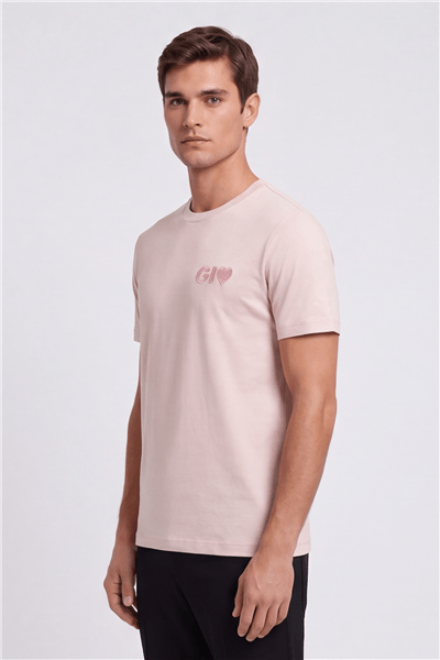 Giotelli Erkek Pembe Normal Kesim Regular Fit %100 Pamuk İşlemeli Kısa Kollu Bisiklet Yaka Tişört