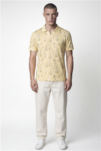 Giotelli Erkek Sarı Dar Kesim Slim Fit Dokuma Desenli Kısa Kollu Polo Yaka Tişört
