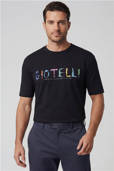 Giotelli Erkek Siyah Geniş Kesim Oversize Fit %100 Pamuk Baskılı Bisiklet Yaka Tişört