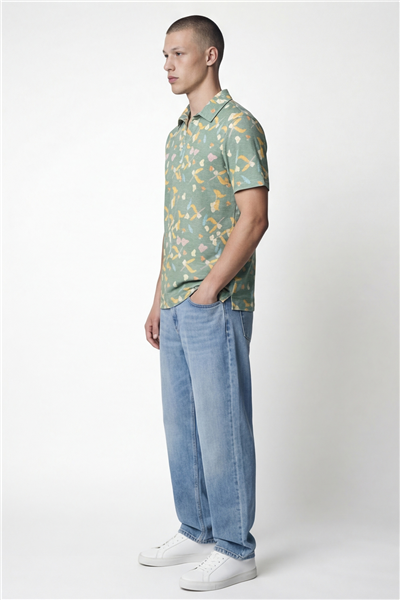 Giotelli Erkek Yeşil Dar Kesim Slim Fit Desenli Kısa Kollu Polo Yaka Tişört