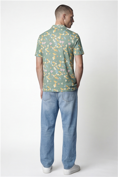 Giotelli Erkek Yeşil Dar Kesim Slim Fit Desenli Kısa Kollu Polo Yaka Tişört