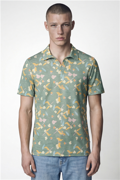 Giotelli Erkek Yeşil Dar Kesim Slim Fit Desenli Kısa Kollu Polo Yaka Tişört