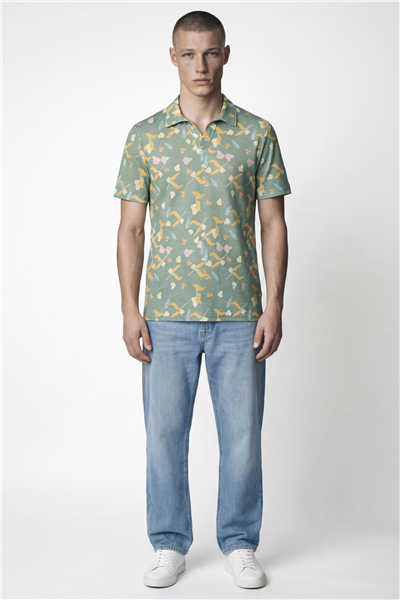Giotelli Erkek Yeşil Dar Kesim Slim Fit Desenli Kısa Kollu Polo Yaka Tişört
