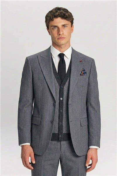 Giotelli Gri Triko Yelekli 6 Drop Polyester Viskon Karışımlı Erkek Takım Elbise