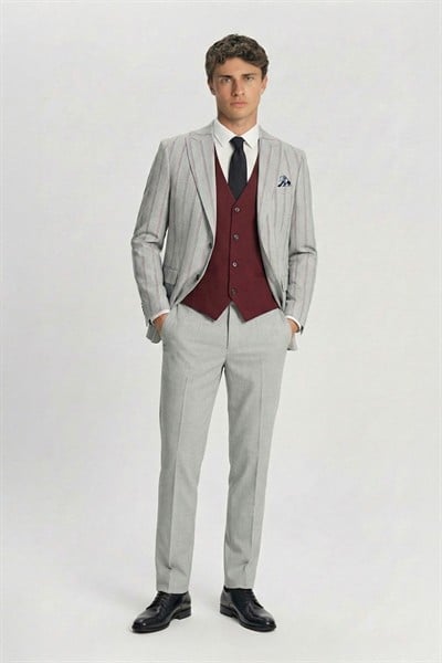 Giotelli Erkek Gri Normal Kesim Regular Fit Viskon Çizgili Mono Yaka Yelekli 6 Drop Takım Elbise
