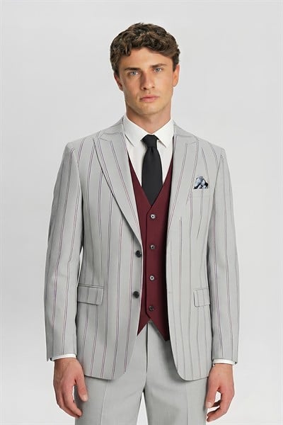 Giotelli Erkek Gri Normal Kesim Regular Fit Viskon Çizgili Mono Yaka Yelekli 6 Drop Takım Elbise