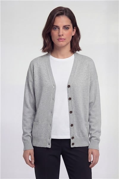 Giotelli Erkek Gri Normal Kesim Regular Fit Yünlü Düğmeli V Yaka Triko Hırka