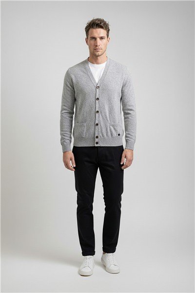 Giotelli Erkek Gri Normal Kesim Regular Fit Yünlü Düğmeli V Yaka Triko Hırka