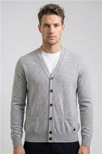 Giotelli Erkek Gri Normal Kesim Regular Fit Yünlü Düğmeli V Yaka Triko Hırka