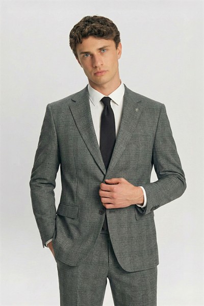 Giotelli Haki Slim Fit Ekose Desenli Mono Yaka Takım Elbise