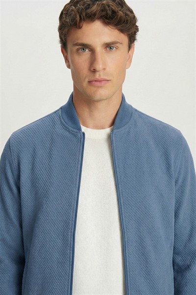 Giotelli Erkek İndigo Dar Kesim Slim Fit Armürlü Triko Yaka Fermuarlı Tam Astarlı Bomber Stil 6 Drop Takım Elbise