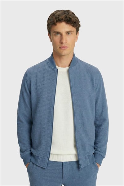 Giotelli Erkek İndigo Dar Kesim Slim Fit Armürlü Triko Yaka Fermuarlı Tam Astarlı Bomber Stil 6 Drop Takım Elbise