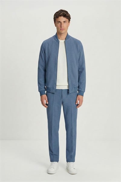 Giotelli Erkek İndigo Dar Kesim Slim Fit Armürlü Triko Yaka Fermuarlı Tam Astarlı Bomber Stil 6 Drop Takım Elbise
