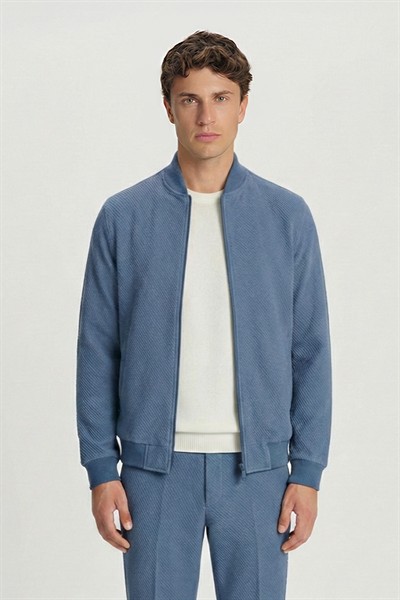 Giotelli Erkek İndigo Dar Kesim Slim Fit Armürlü Triko Yaka Fermuarlı Tam Astarlı Bomber Stil 6 Drop Takım Elbise