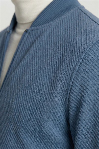 Giotelli Erkek İndigo Dar Kesim Slim Fit Armürlü Triko Yaka Fermuarlı Tam Astarlı Bomber Stil 6 Drop Takım Elbise