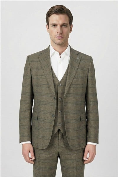 Giotelli Kahve Slim Fit Ekose Desenli Mono Yaka Takım Elbise