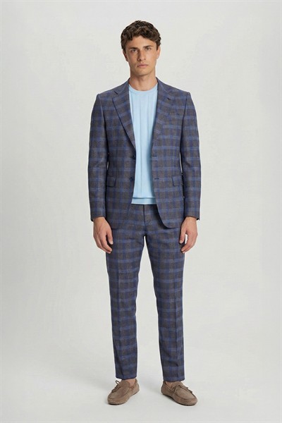 Giotelli Kahverengi Slim Fit Mono Yaka Ekose Desenli Yelekli Takım Elbise