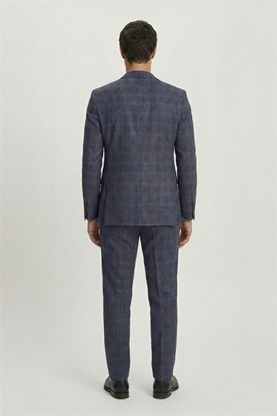 Giotelli Kahverengi Slim Fit Mono Yaka Ekose Desenli Yelekli Takım Elbise