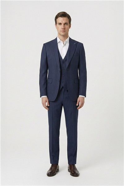 Giotelli Lacivert Slim Fit Çizgili Mono Yaka Yelekli 6 Drop Tam Astarlı Erkek Takım Elbise