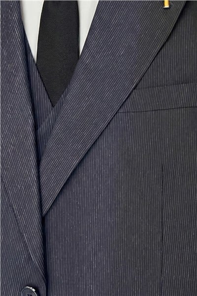 Giotelli Erkek Lacivert Dar Kesim Slim Fit Viskon Çizgili Mono Yaka Çift Yırtmaçlı Tam Astarlı 6 Drop Yelekli Takım Elbise