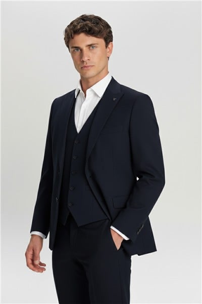 Giotelli Lacivert Slim Fit Sivri Yaka Yelekli Takım Elbise