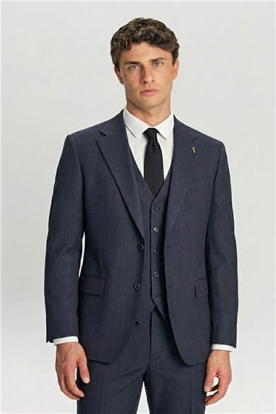 Giotelli Erkek Lacivert Dar Kesim Slim Fit Viskon Çizgili Mono Yaka Çift Yırtmaçlı Tam Astarlı 6 Drop Yelekli Takım Elbise